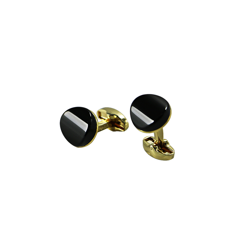 Black Agate Gold Plated Round Simple Cuff Links